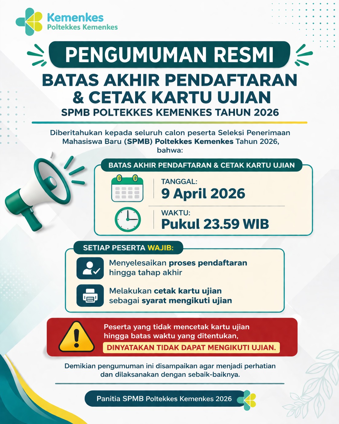 Pengumuman Resmi Batas Akhir Pendaftaran & Cetak Kartu Ujian SPMB Poltekkes Kemenkes Tahun 2026, Tanggal 9 April 2026 Pukul 23.59 WIB
