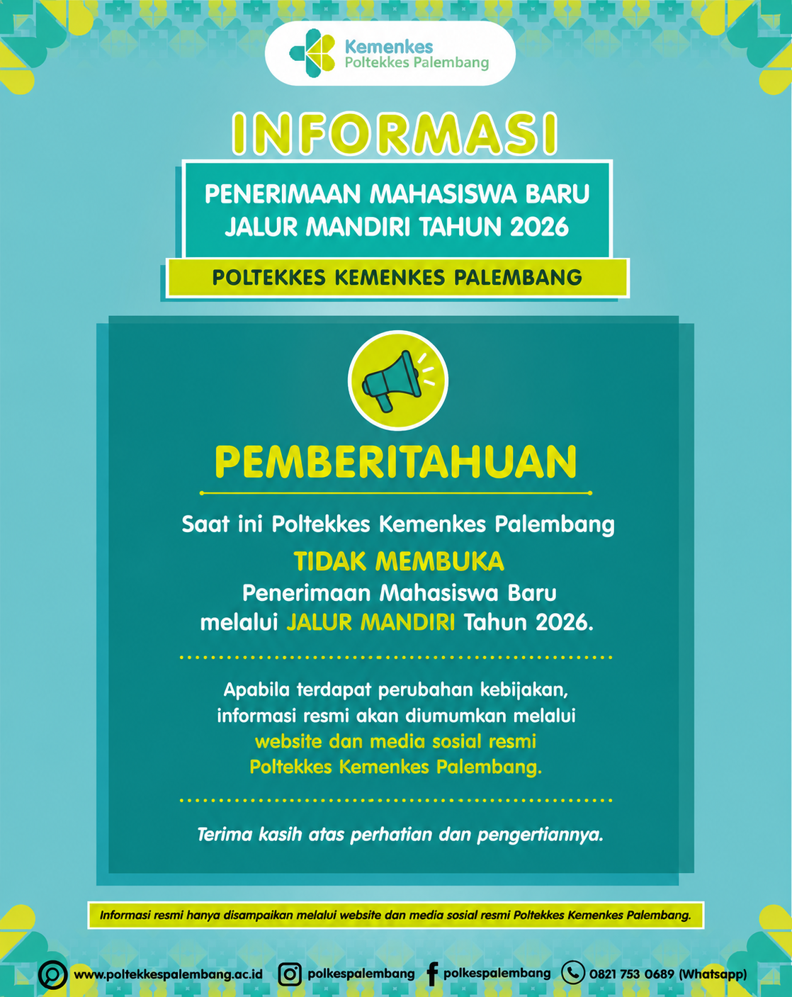 Pengumuman SPMB Mandiri Poltekkes Palembang Tahun 2026 Tidak Dibuka