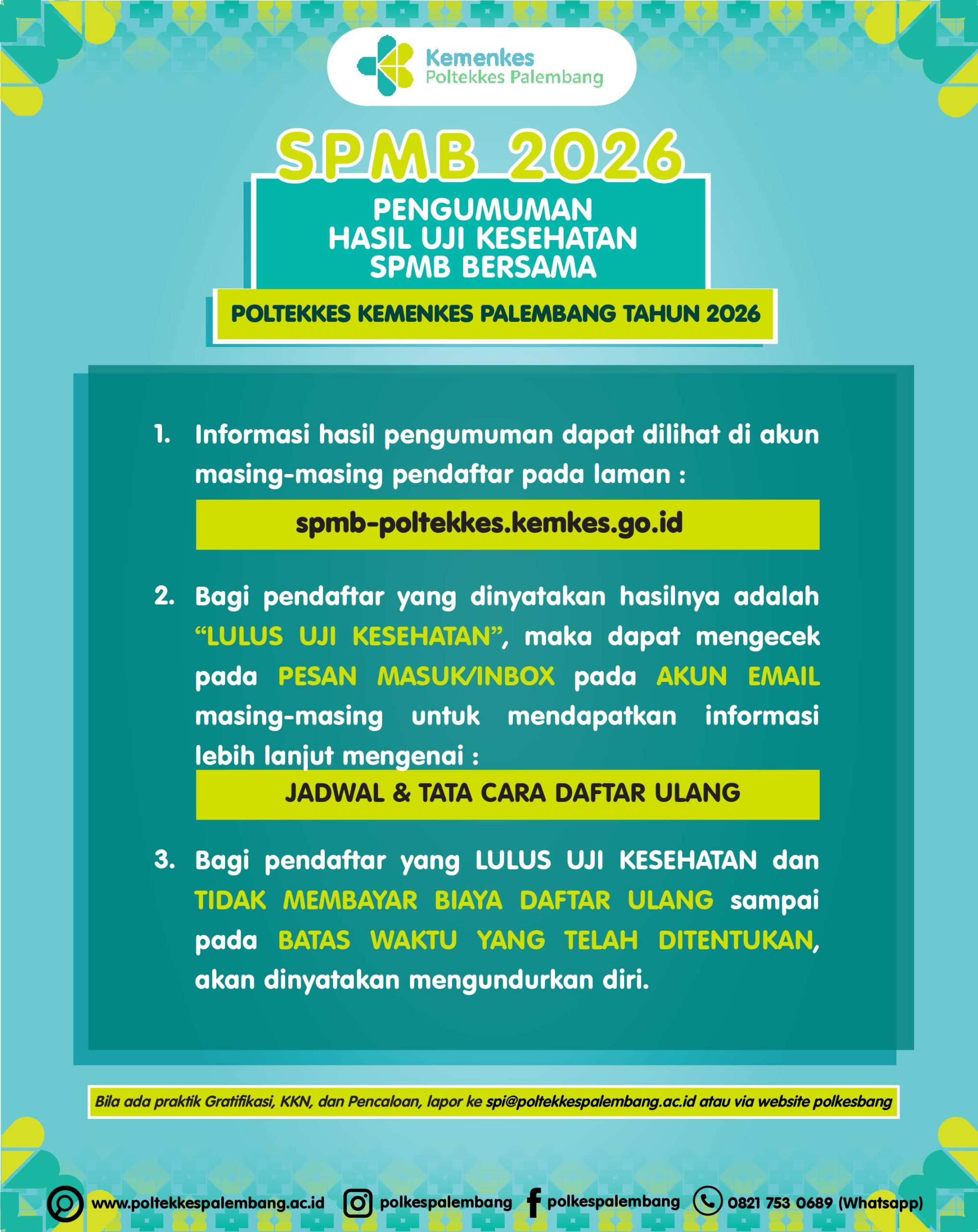 Pengumuman Hasil Seleksi Uji Kesehatan SPMB Bersama Poltekkes Kemenkes Palembang Tahun 2026